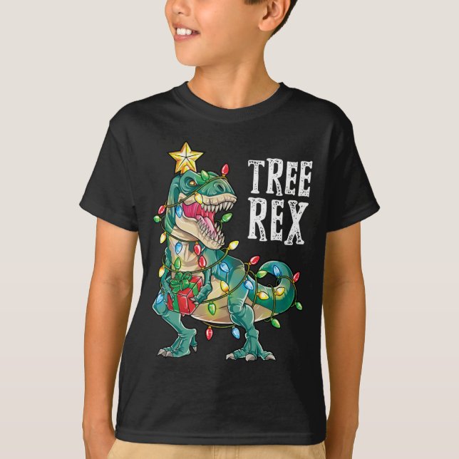 Dinosaur Christmas Tree Rex Pyjamas Xmas Lights T-Shirt (Front)