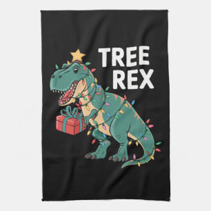 Dinosaur Christmas Tree Rex Pyjamas Xmas Lights  Tea Towel
