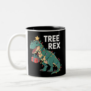 Dinosaur Christmas Tree Rex Pyjamas Xmas Lights Two-Tone Coffee Mug