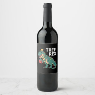 Dinosaur Christmas Tree Rex Pyjamas Xmas Lights Wine Label