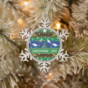 Dinosaur Christmas Tree Snowflake Pewter Christmas Ornament