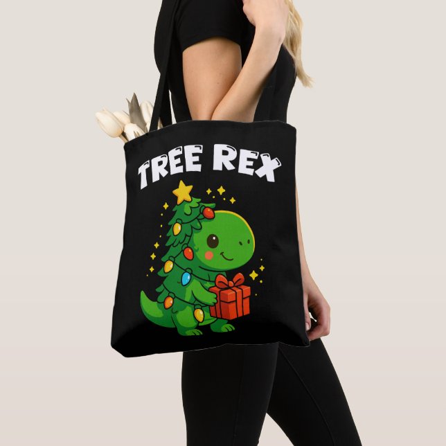 Dinosaur Christmas Tree T-Rex Cute Dino Xmas Party Tote Bag (Close Up)