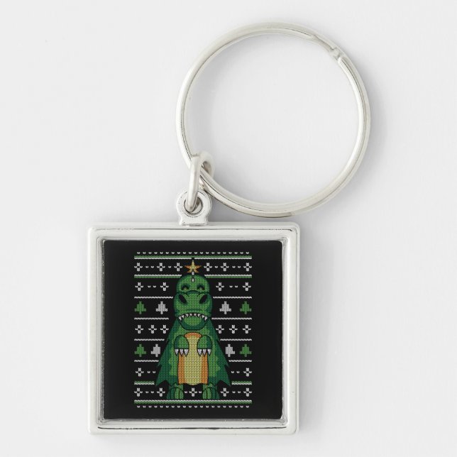 Dinosaur Christmas Tree Ugly Sweater Key Ring (Front)