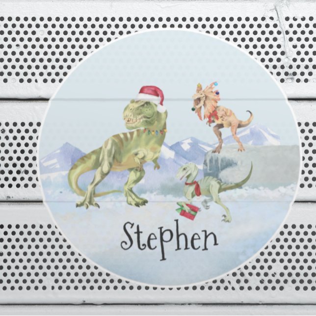 Dinosaur Christmas Tyrannosaur Raptor Name Classic Round Sticker (Creator Uploaded)