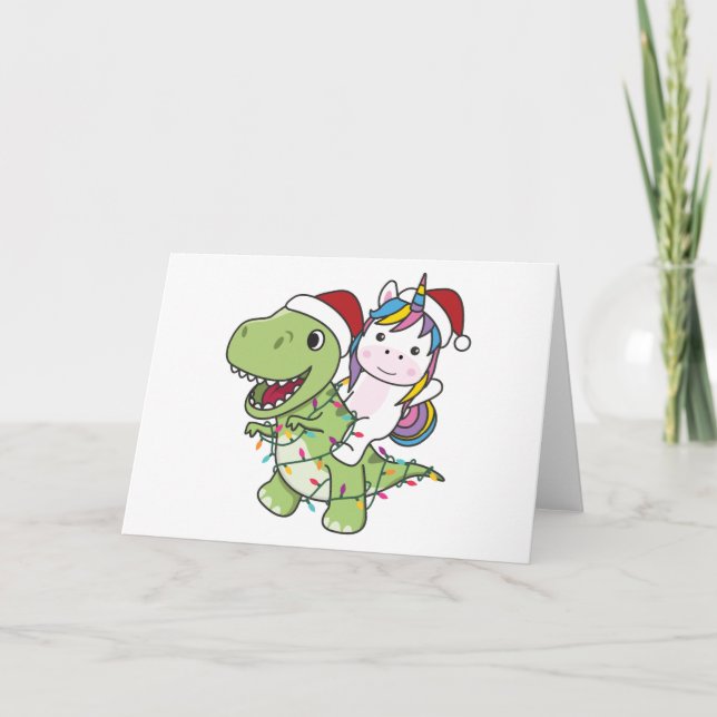 Dinosaur Christmas Unicorn Winter T-Rex Dino Holiday Card (Front)