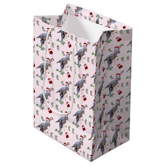 Dinosaur Christmas Wrapping Paper Roll Medium Gift Bag (Front Angled)