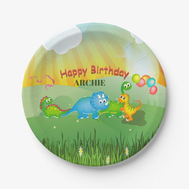 Dinosaur Colourful Kids Modern Birthday Paper Plate (Front)