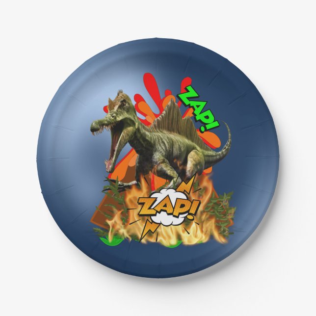 Dinosaur comic art volcano zap prehistoric animal  paper plate (Front)
