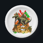 Dinosaur comic art volcano zap prehistoric white paper plate<br><div class="desc">If your son is mad about dinosaurs then this fun design featuring a carnivorous t-rex type dinosaur running with an exploding volcano in the background is ideal. The words zap in green and orange appear around him and he is running through burning flames. The background colour may be changed to...</div>