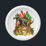 Dinosaur comic art volcano zap prehistoric white paper plate<br><div class="desc">If your son is mad about dinosaurs then this fun design featuring a carnivorous t-rex type dinosaur running with an exploding volcano in the background is ideal. The words zap in green and orange appear around him and he is running through burning flames. The background colour may be changed to...</div>