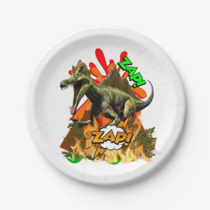 Dinosaur comic art volcano zap prehistoric white paper plate
