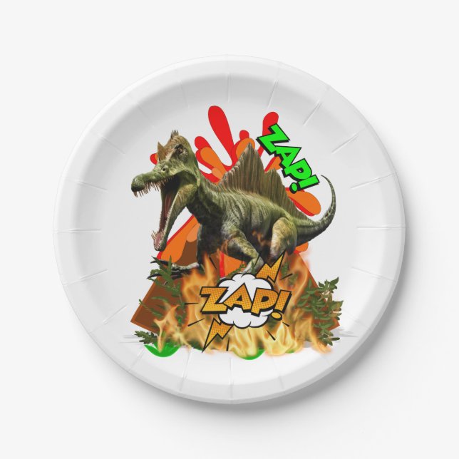 Dinosaur comic art volcano zap prehistoric white paper plate (Front)