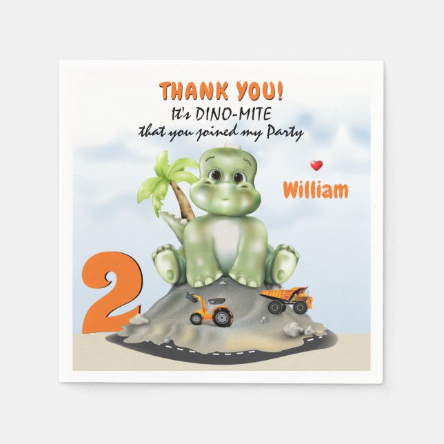 Dinosaur Construction Boy Birthday Napkin (Front)