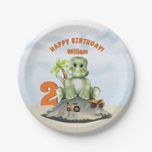 Dinosaur Construction Boy Birthday Paper Plate