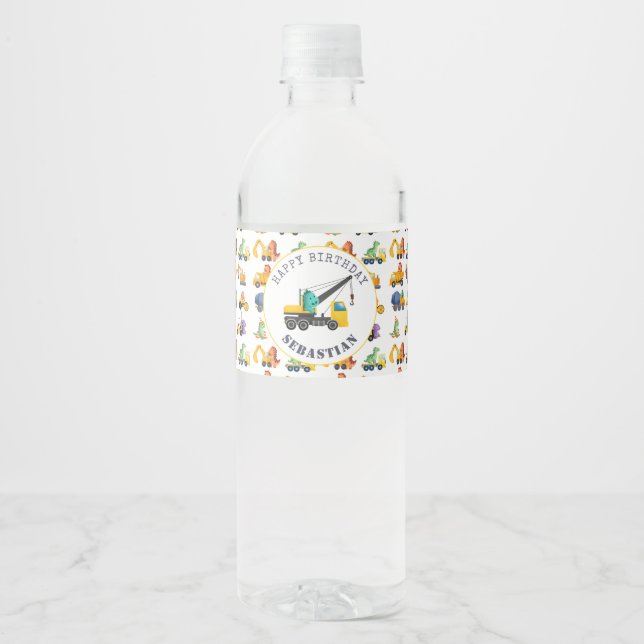  Dinosaur Construction Crew Birthday Party  Water Bottle Label (Front)