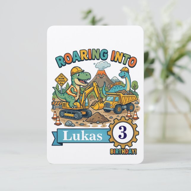 Dinosaur Construction Crew Invitation Card  (Standing Front)