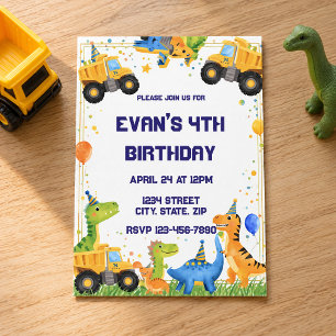 Dinosaur Construction Dump Truck Birthday Invite