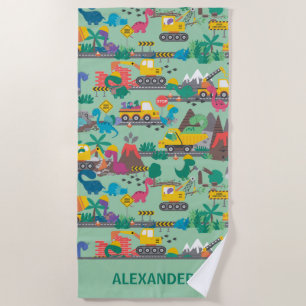 Dinosaur Construction Kids Personalised Beach Towel