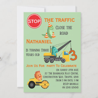 Dinosaur Construction Vehicle 3rd Birthday Party Invitation