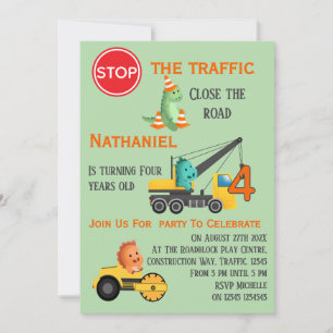 Dinosaur Construction Vehicle 4th Birthday Party Invitation