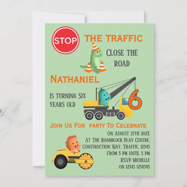 Dinosaur Construction Vehicle 6th Birthday Party Invitation (Front)