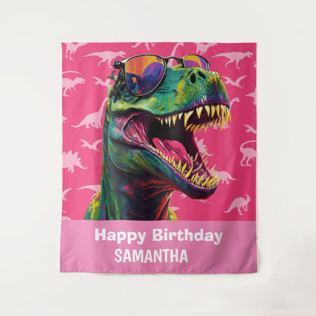 Dinosaur Cool T Rex Pink Backdrop Tapestry (Front)