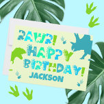 Dinosaur Custom Name and Text Kid's Flat Birthday  Card<br><div class="desc">This colourful flat birthday card features dinosaur silhouettes and whimsical dinosaur themed text that reads: "Rawr! Happy Birthday" and a personalised name. The back text reads: "Wishing you a wild and wonderful day." This fun card features complementary shades of blue and green on a light-yellow background. Click "Personalise this Template"...</div>