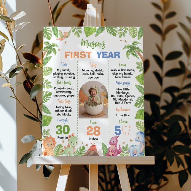 Dinosaur Cute Boy 1st Birthday Party Milestone Poster (Creator Uploaded)