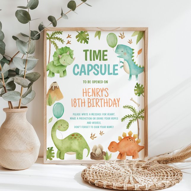 Dinosaur Cute Boy Birthday Party Time Capsule Sign (Creator Uploaded)
