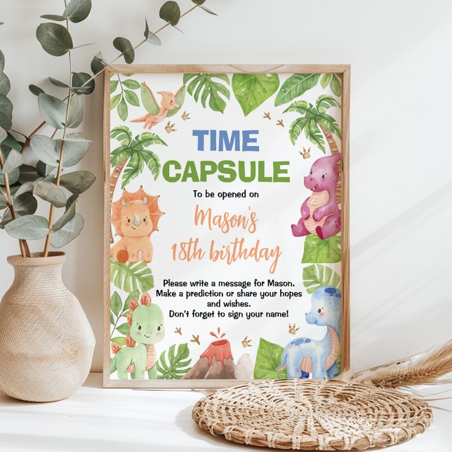 Dinosaur Cute Boy Birthday Party Time Capsule Sign (Creator Uploaded)