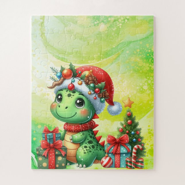 Dinosaur Cute Green  Children's Christmas Puzzle (Vertical)