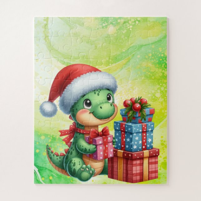 Dinosaur Cute Green  Children's Christmas Puzzle (Vertical)