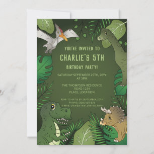 Dinosaur Cute Green Tropical Jungle Birthday Party Invitation