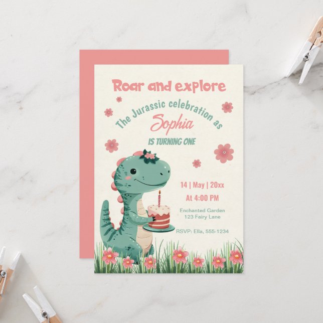 Dinosaur Cute Jurassic Funny Girl First Birthday Invitation (Front/Back In Situ)