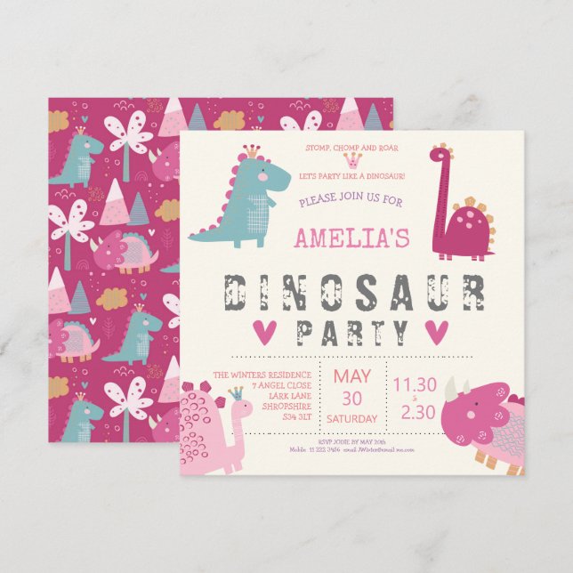 Dinosaur cute modern pink Birthday Party Invitation (Front/Back)