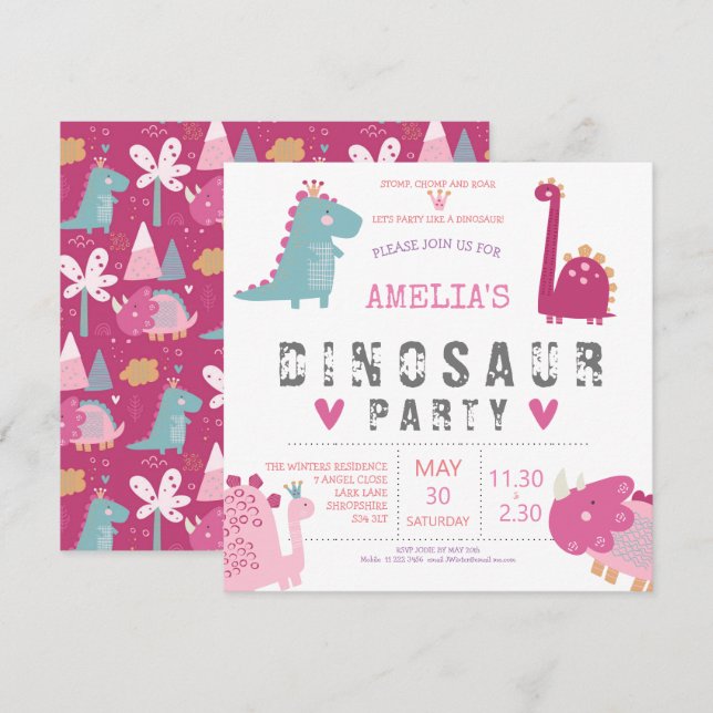 Dinosaur cute modern pink Birthday Party Invitation (Front/Back)