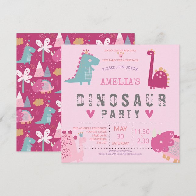 Dinosaur cute modern pink Birthday Party  Invitation (Front/Back)