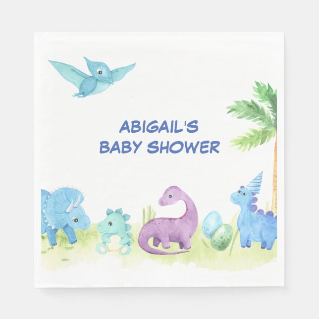 Dinosaur Cute Watercolor Baby Shower Party Napkin (Front)