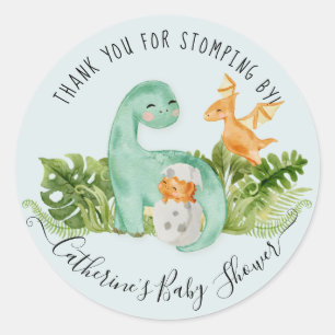 Dinosaur Cute Watercolor Foliage Boy Baby Shower Classic Round Sticker