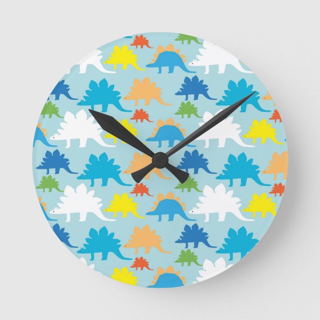 Dinosaur Designs Blue Orange Yellow Red Dinosaurs Round Clock (Front)