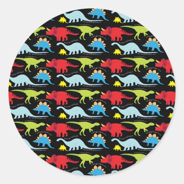 Dinosaur Designs Blue Red Green on Black Classic Round Sticker (Front)
