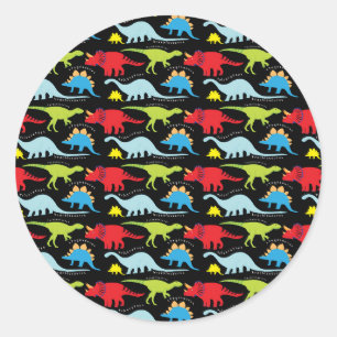 Dinosaur Designs Blue Red Green on Black Classic Round Sticker