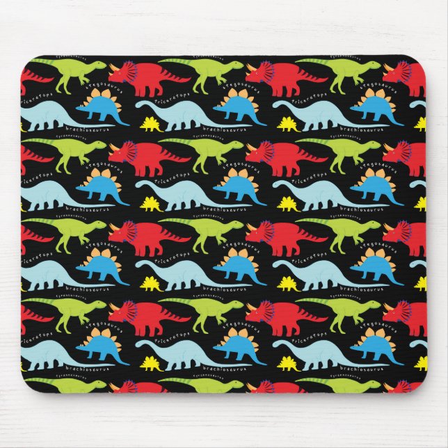Dinosaur Designs Blue Red Green on Black Mouse Mat (Front)