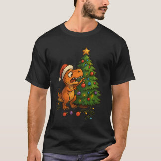 Dinosaur Destroying Christmas Tree Funny Holiday T-Shirt