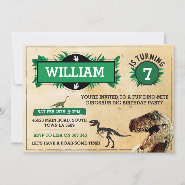 Dinosaur Dig Birthday Party Invitation TRex Invite (Front)