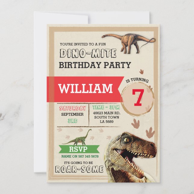 Dinosaur Dig Birthday Party T-Rex Dino Invite (Front)