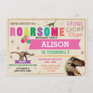 Dinosaur Dig Birthday Party T-Rex Dino Pink Invite