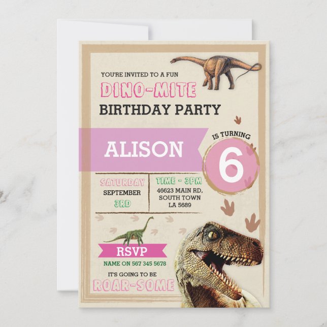 Dinosaur Dig Birthday Party T-Rex Dino Pink Invite (Front)