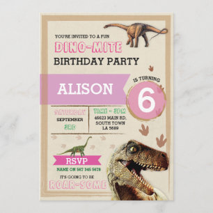 Dinosaur Dig Birthday Party T-Rex Dino Pink Invite