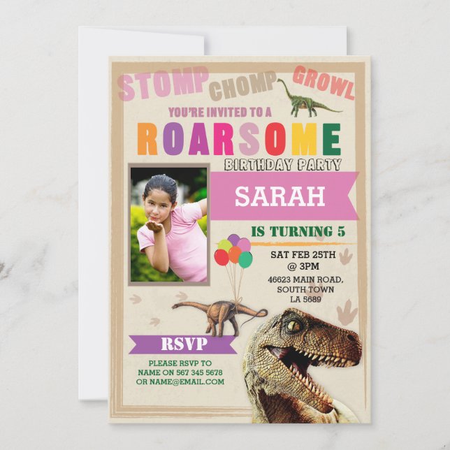 Dinosaur Dig Birthday Party T-Rex Photo Invite (Front)